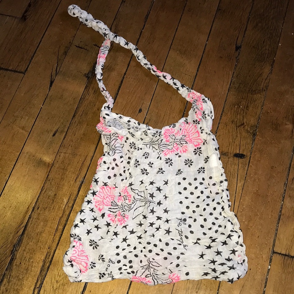Free People White Floral & Black‎ Star Drawstring Tote with Pink Accents